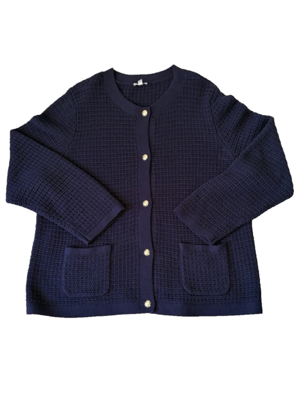 Talbots Plus Size 2x Blue Textured Knit Cardigan Gold Button Sweater Preppy
